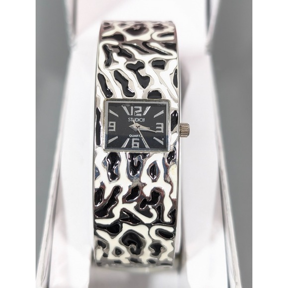 Studio Accessories - Studio Black White Enamel Hinge Bracelet Cuff‎ Watch Womens 7"